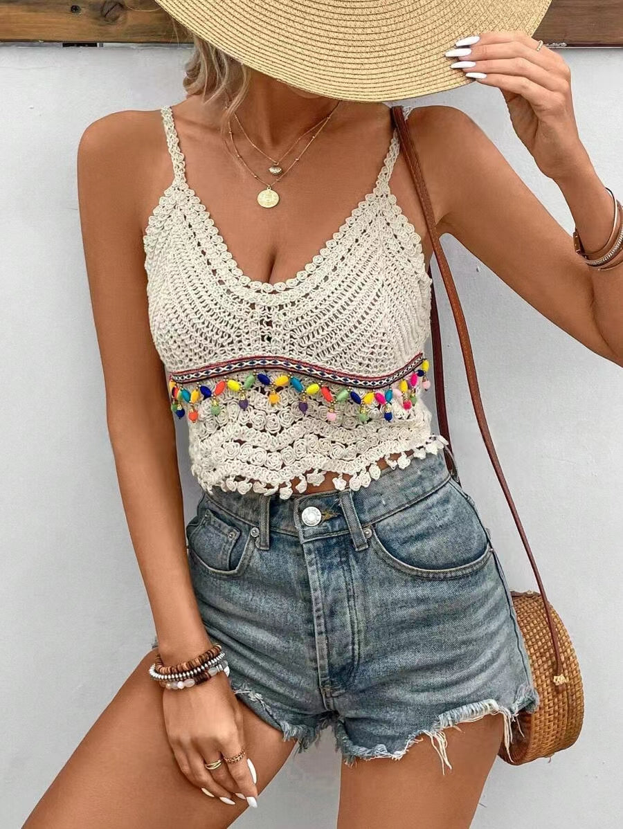Hand Crocheted Openwork Suspender Top With Tassel Beads Crochet hook Bella Mia
